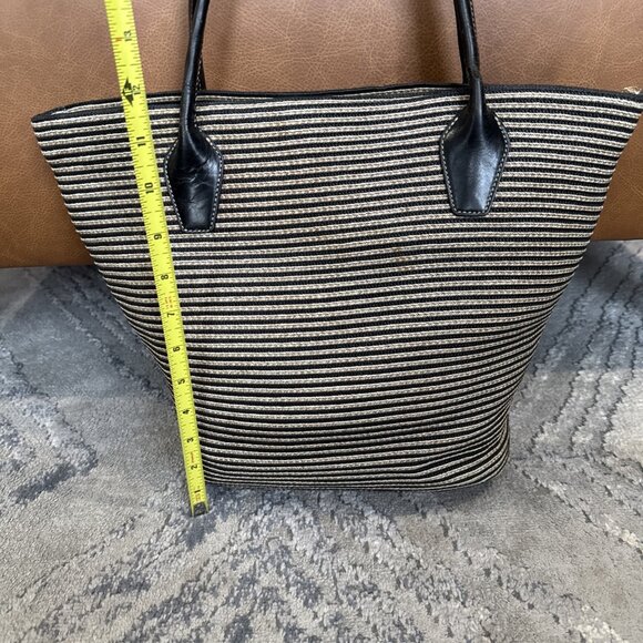 Eric Javits Stripe Black & Beige Straw Leather Tote Handbag - Picture 4 of 12